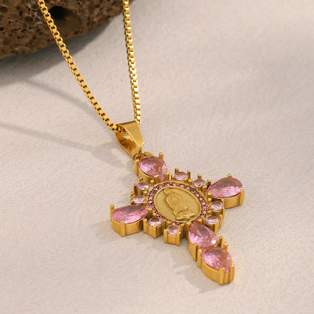Fashionable OL Style Geometric Stainless Steel Pendant Necklace with 18K Gold Plating and Rhinestone-Inlaid Cross
