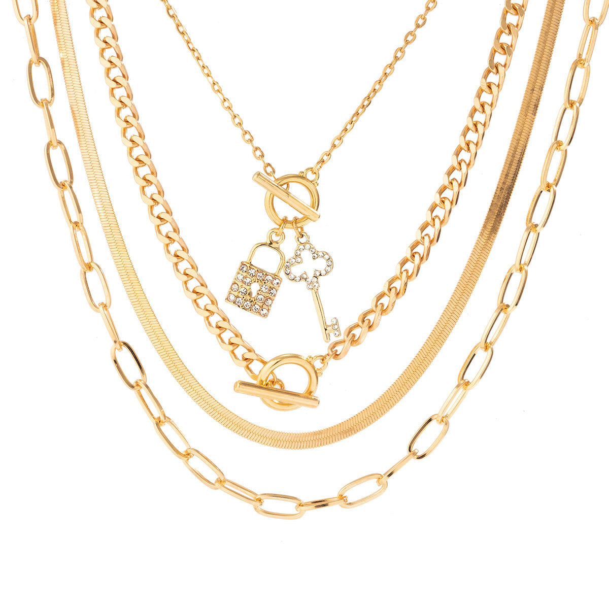 Sweet-Edgy Geometric Lock-Shaped Alloy Bracelet with Rhinestone Inlay on Snake Chain for Women