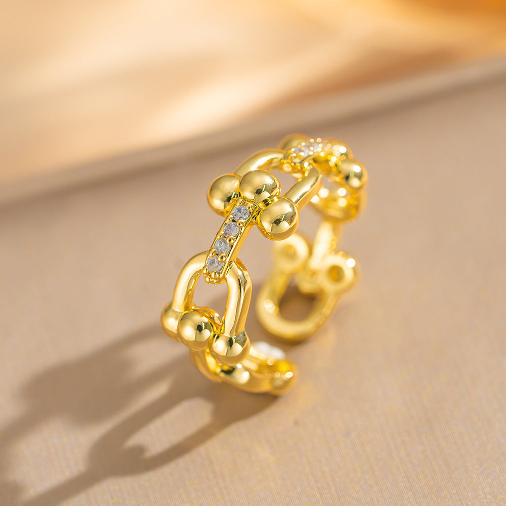 Luxury Minimalist Adjustable Open Ring for Women with Gold-Plated Copper Band and Zircon Stone Accent in Heart and Floral Shape