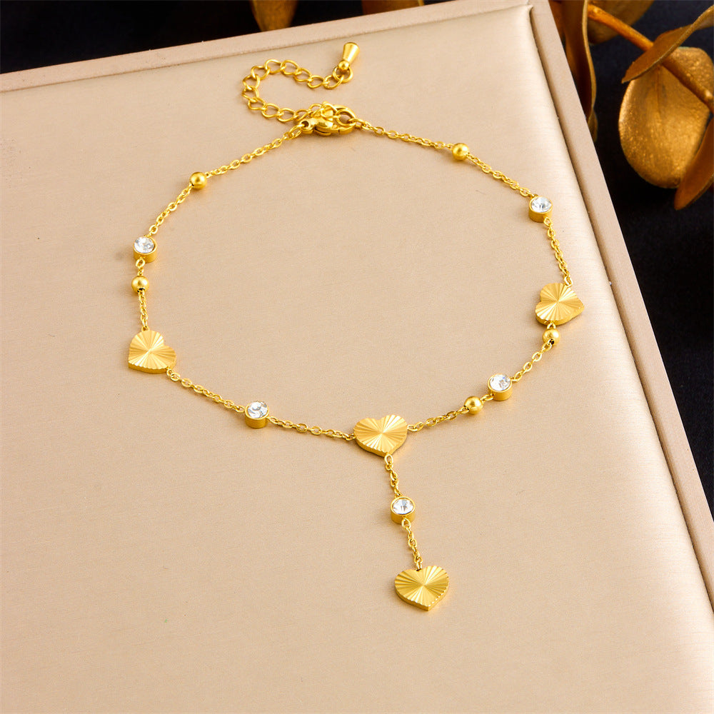 Minimalist Casual Gold Plated Stainless Steel Rhinestone Heart Butterfly Flower Tassel Anklet for Women