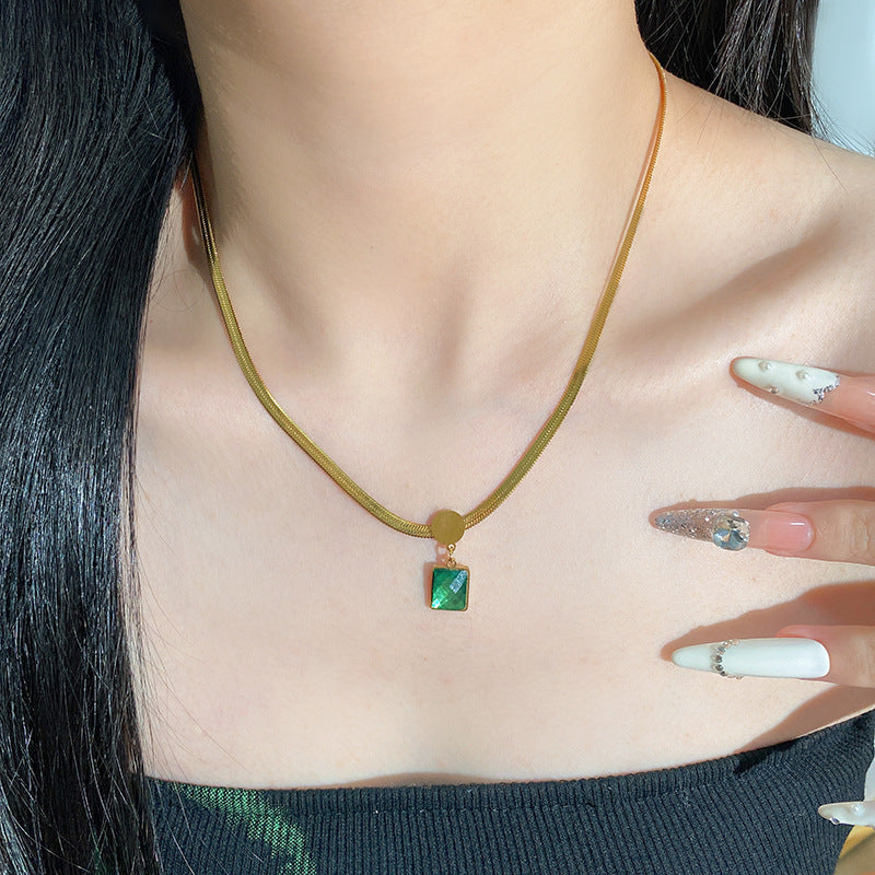 Vintage Square Geometric Titanium Steel Gold Plated Cubic Zirconia Pendant Necklace
