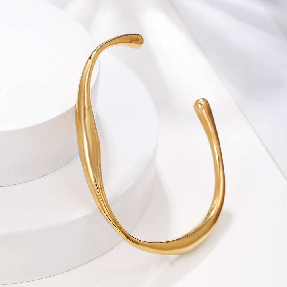 18K Gold Plated Geometric Round Open Cuff Titanium Steel Bracelet for Women