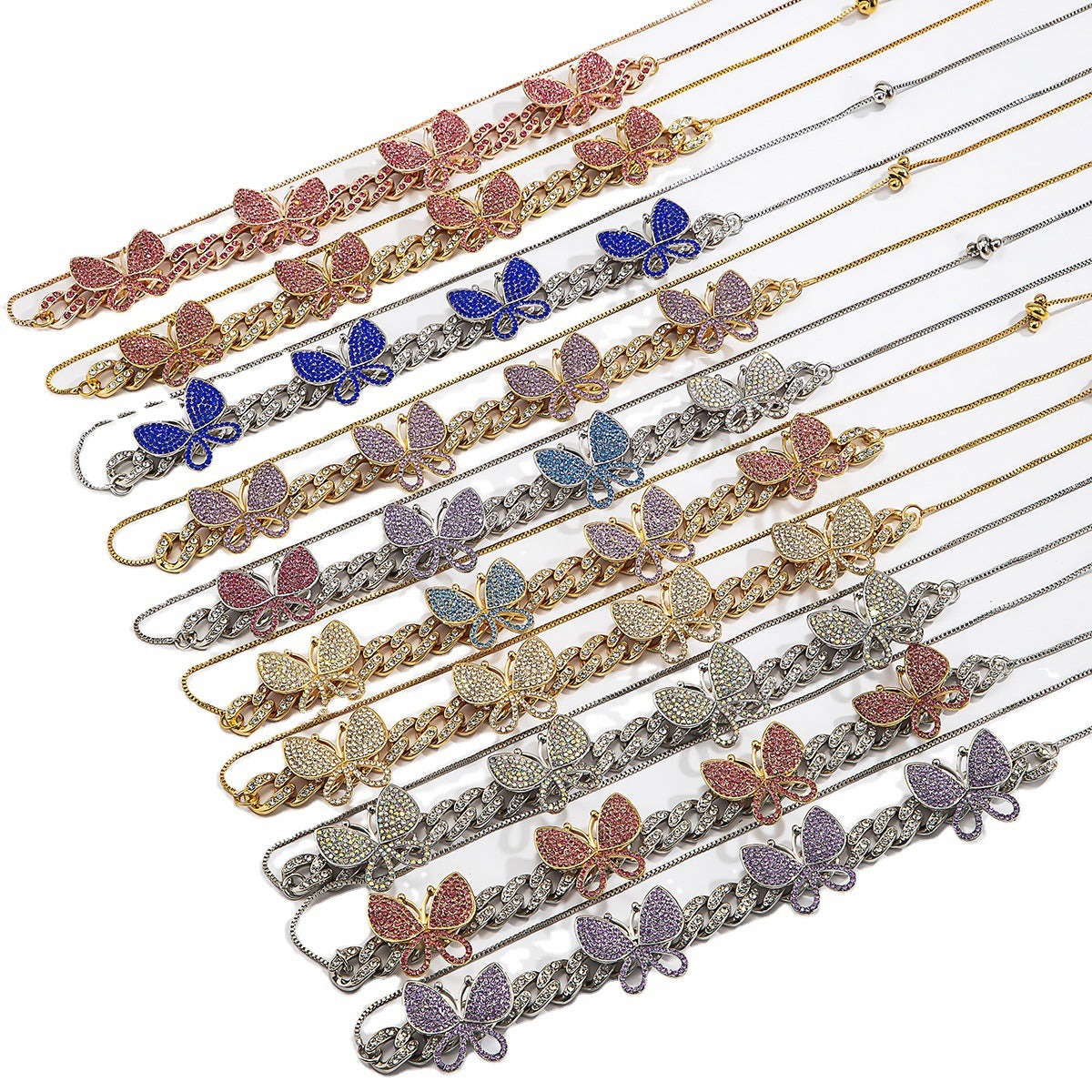 Punk Hip-hop Rhinestone Inlaid Butterfly Pendant Alloy Plated Cuban Link Chain Necklace