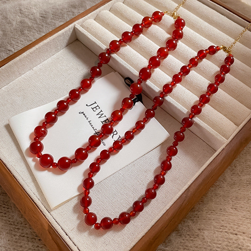 Sweet Sporty Red Beaded Rope Chain Necklace Titanium Steel Plated Adjustable Collarbone Chain for Women and Men