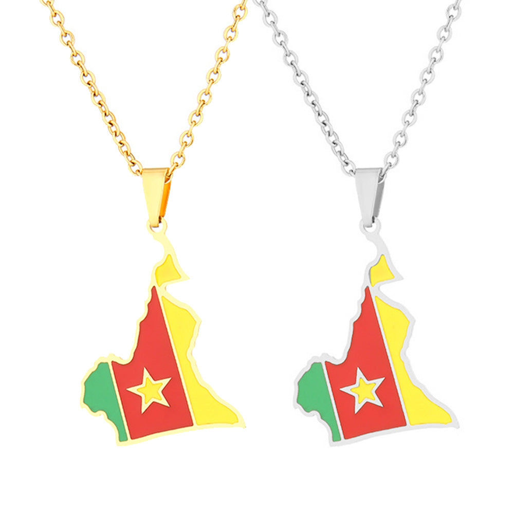 Collar con Colgante de Mapa de Camerún Geométrico de Estilo Étnico en Acero Inoxidable con Acabado Esmaltado para Uso Unisex
