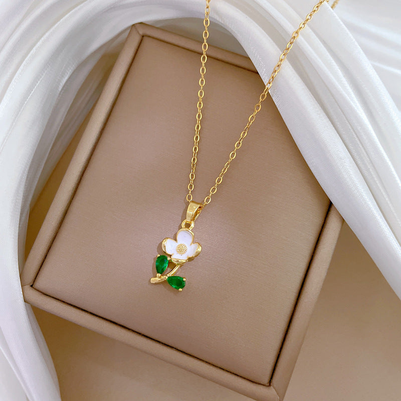 Minimalist Geometric Green Leaf and Floral Rhinestone Pendant Necklace in Titanium Steel with Enamel Finish for Women