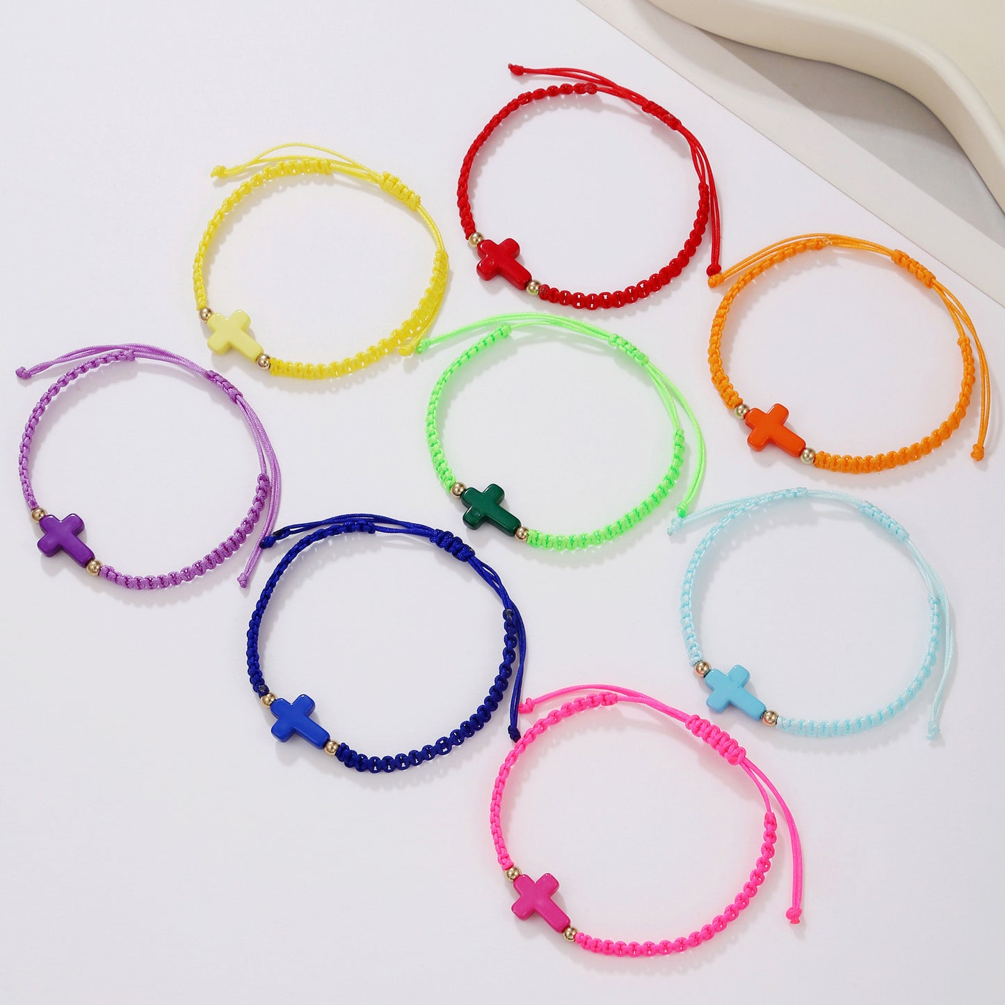 Bohemian Colorful Woven Rope Cross Bracelet Adjustable Acrylic Geometric Handmade Jewelry for Unisex