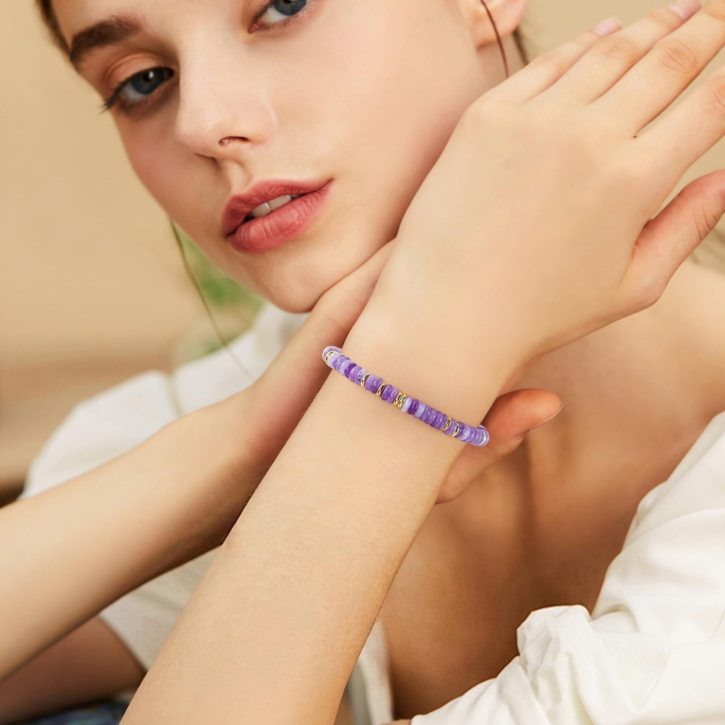 Fashion Geometric Round Natural Gemstone Beaded Bracelet with Gold Spacers and Lobster Clasp Adjustable Unisex Jewelry