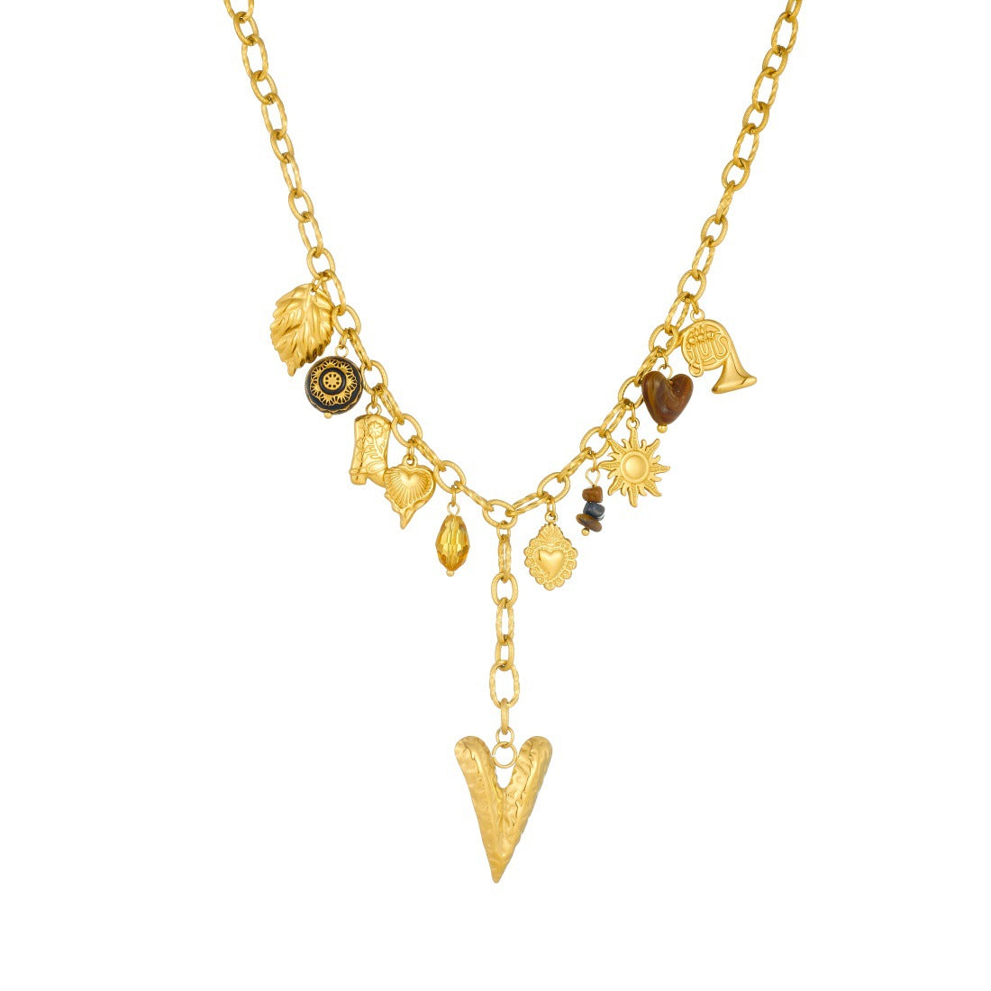 Vintage Gold Plated Heart Stainless Steel Pendant Necklace with Tassel for Women