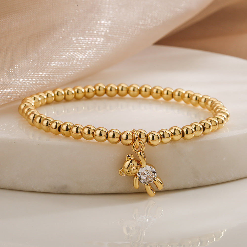 Bracciale in Rame a Forma di Orsetto con Placcatura in Oro e Intarsi in Zirconi per Donna, Accessorio di Moda Geometrico