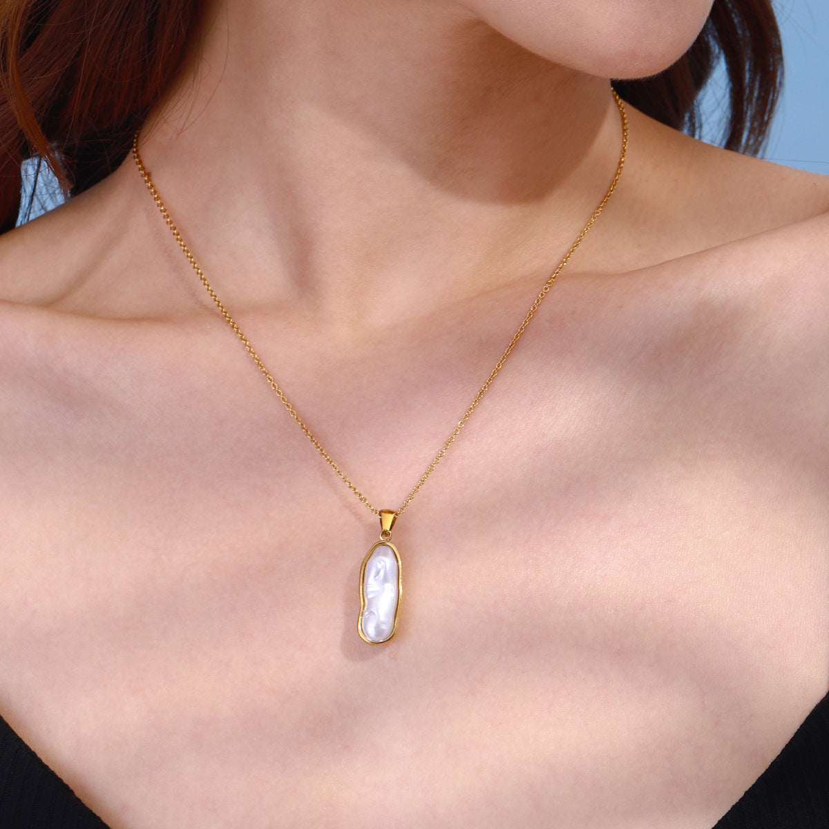 Elegant 18K Gold Plated Geometric Titanium Steel Pearl Necklace for Women