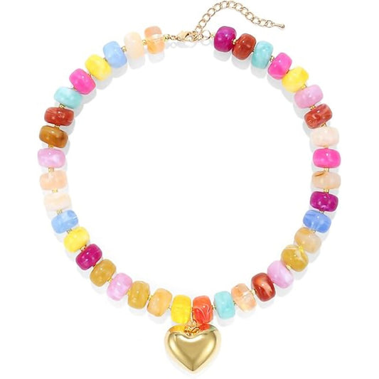 Bohemian Casual Heart Resin Pendant Beaded Necklace for Women