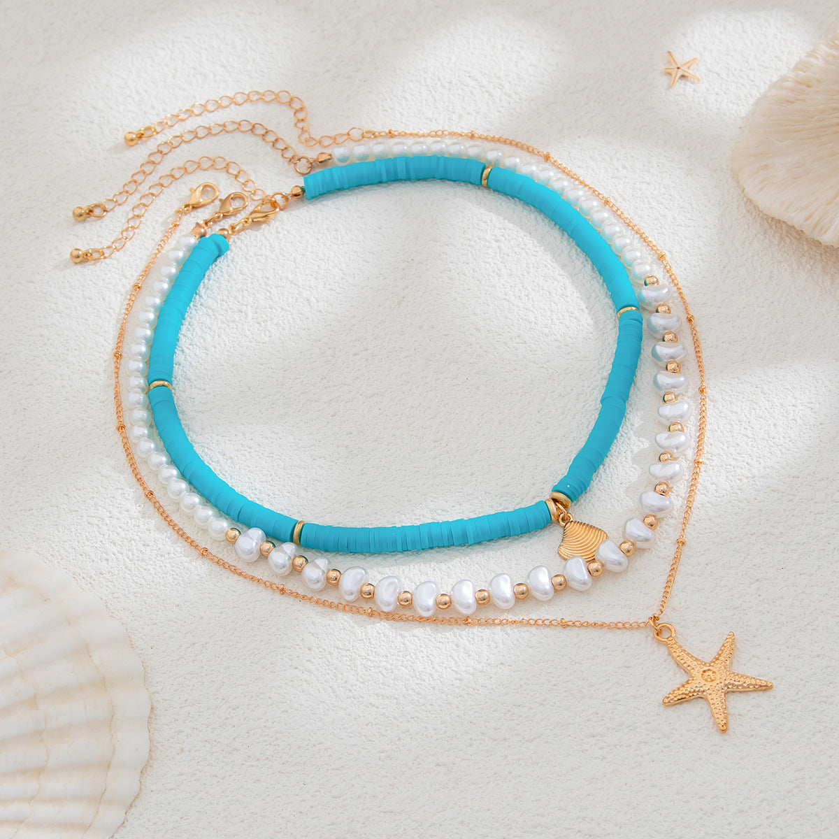 Bohemian Baroque Imitation Pearl Starfish Shell Bead Necklace for Women