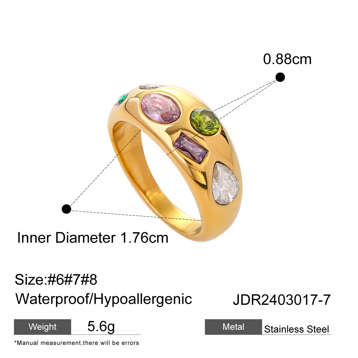 18K Gold Plated Geometric Round Stainless Steel Ring with Colorful Cubic Zirconia for Women