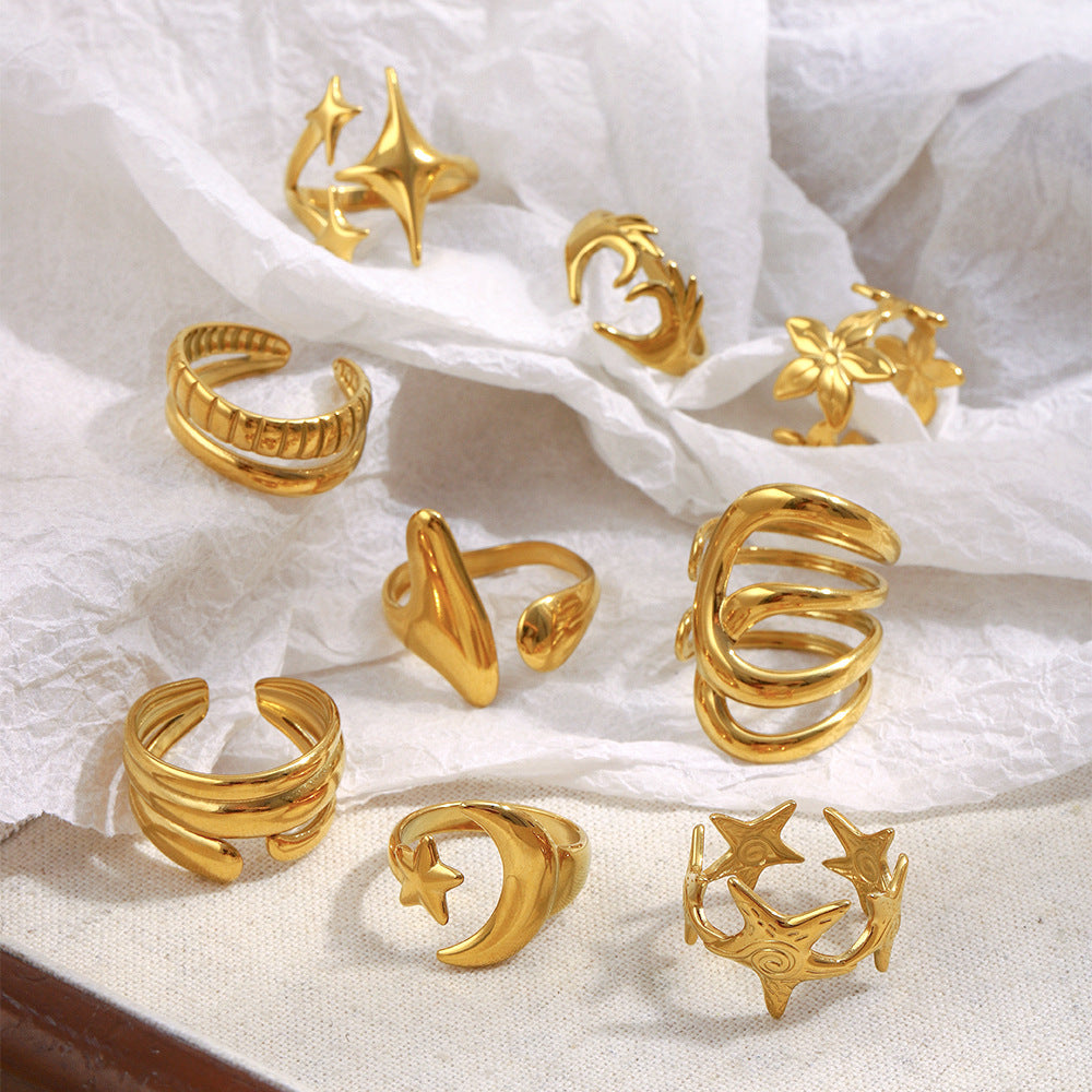 Minimalist Geometric Asymmetrical Heart Star Ring in Stainless Steel with 18K Gold Plating for Women