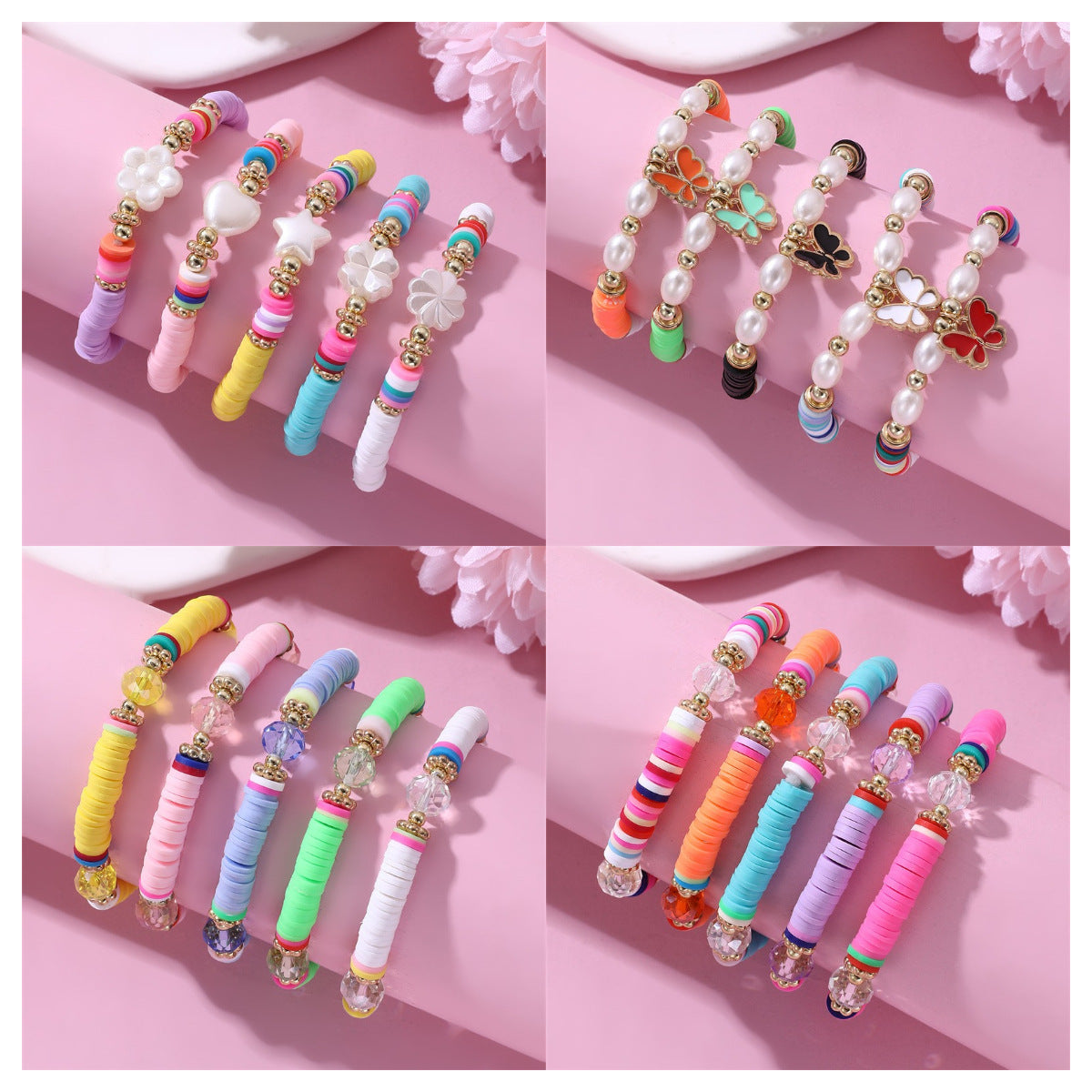 Set di braccialetti bohémien per bambini in argilla polimerica con ciondoli smaltati a forma di farfalla e stella, per bambine dai 6 ai 10 anni
