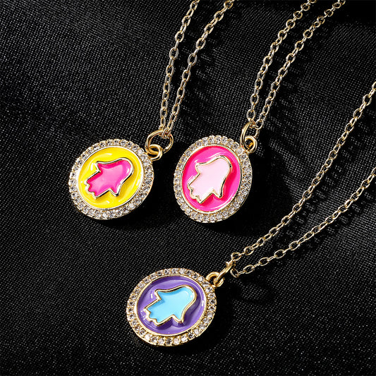 Geometric Round Drip Oil Brass Pendant Necklace with Cubic Zirconia for Women