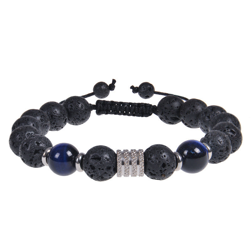 Minimalist Vintage Geometric Round Natural Obsidian Tiger Eye Stainless Steel Bracelet Unisex
