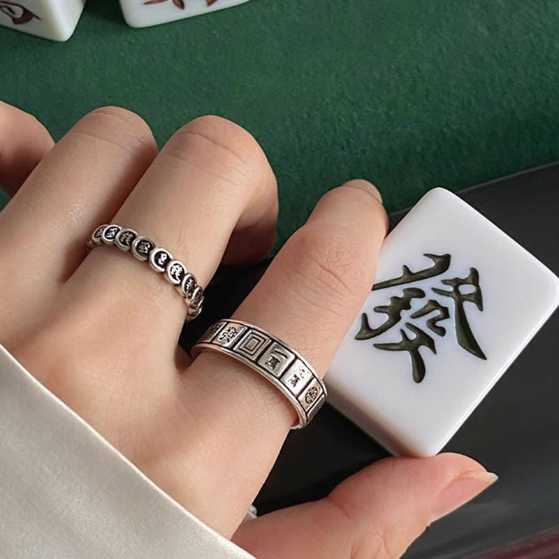 Anello da donna regolabile stile vintage con geometria Mahjong in ottone con finitura anticata