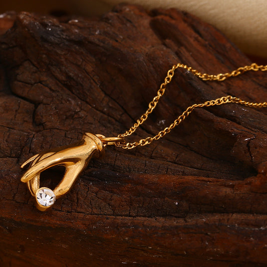 Collana Pendente Geometrica Minimalista da Donna in Acciaio Inossidabile con Placcatura in Oro 18K e Accenti di Strass Bianchi