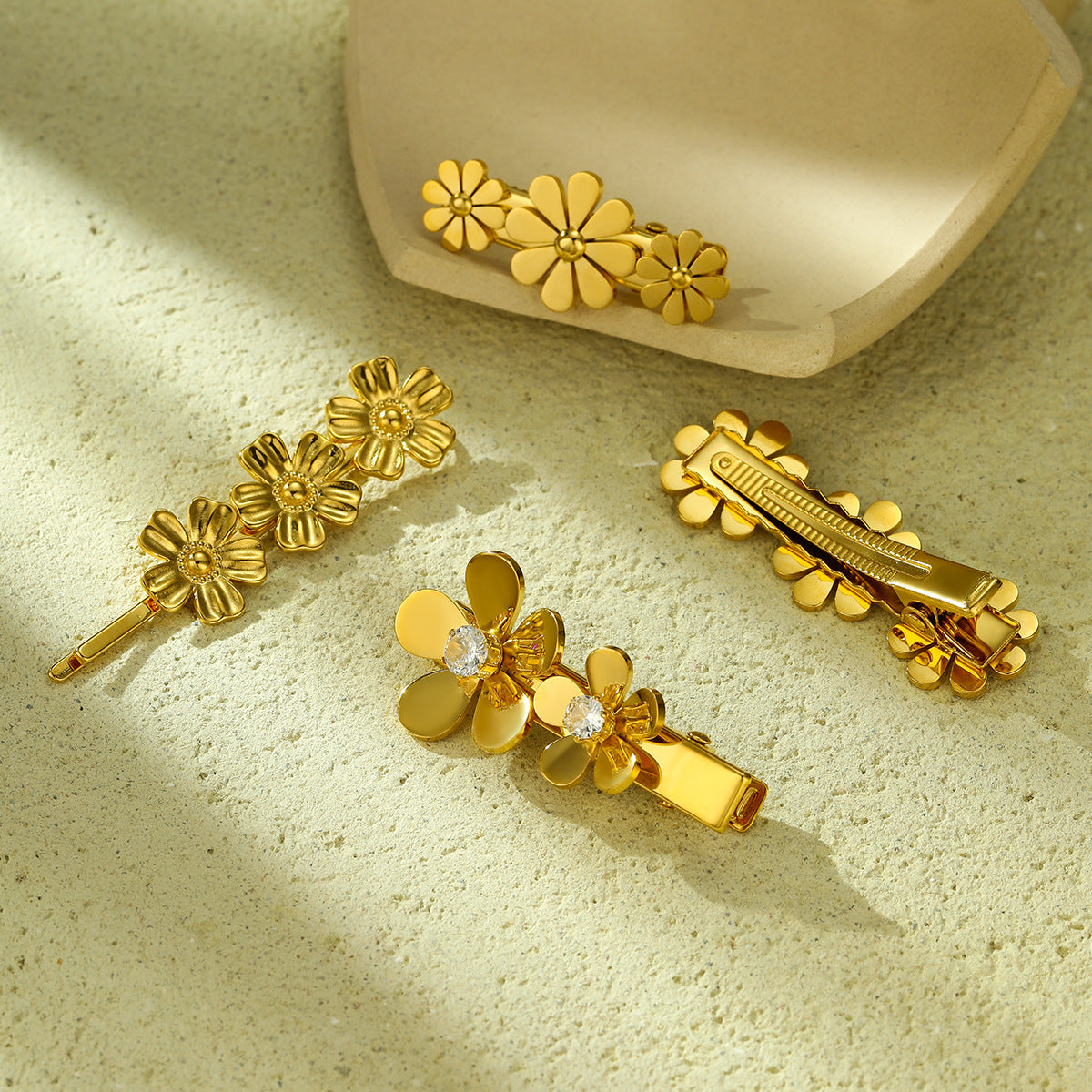Elegante fermaglio per capelli da donna a forma di petalo, in acciaio inossidabile con intarsio in zircone, stile ufficio minimalista