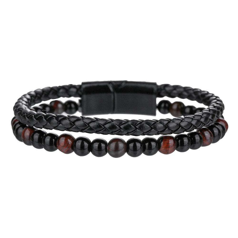 Men's Woven Leather Bracelet with Natural Black Agate and Tiger's Eye Beads Geometric Round Multi-layer Clasp