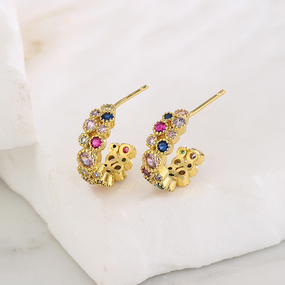 Minimalist Modern Geometric Copper Stud Earrings with 18K Gold Plating and Micro-Paved Zirconia for Women