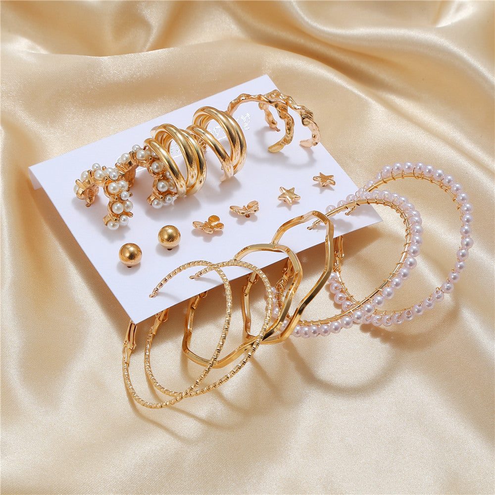 Plated Stainless Steel Butterfly Geometric Round Crystal Pearl Earrings Set for Unisex