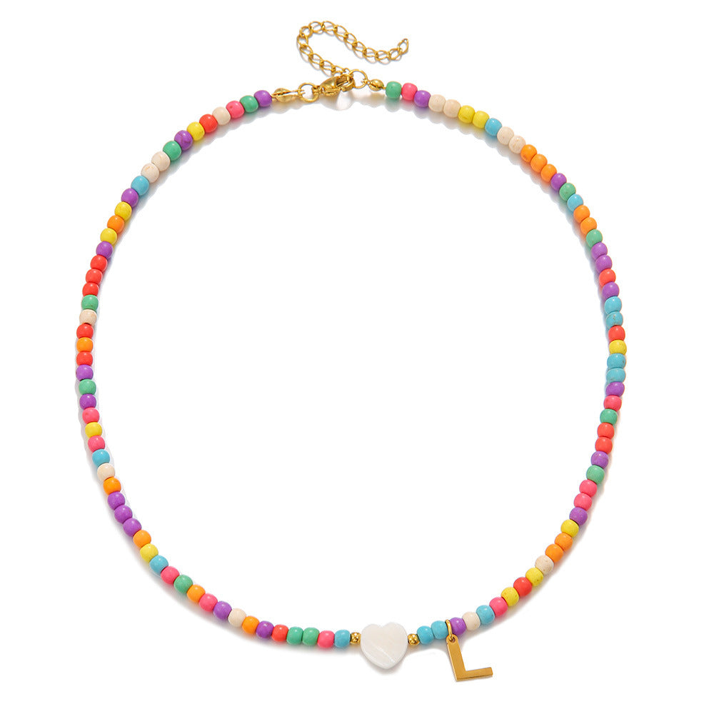 Minimalist Stainless Steel Letter Heart Necklace with Turquoise Inlay Cable Chain Unisex DIY Charm Bar