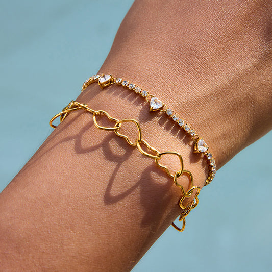Elegante bracciale in acciaio inossidabile a forma di cuore con intarsio di strass, finitura placcata, gioielli alla moda da donna