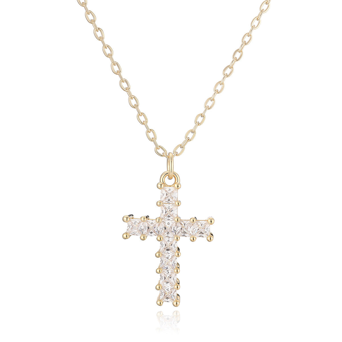 Minimalist Luxury 18K Gold Plated Brass Cubic Zirconia Cross Pendant Necklace for Women