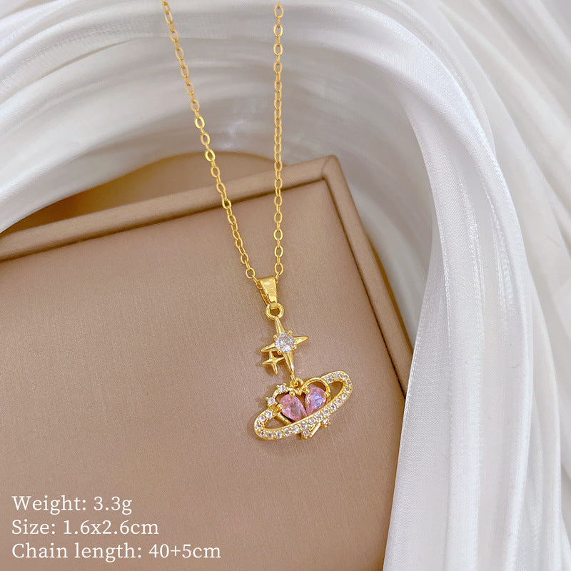 Minimalist Heart Starburst Pendant Necklace for Women in Titanium Steel with Rhinestone Inlay on Delicate Clavicle Chain