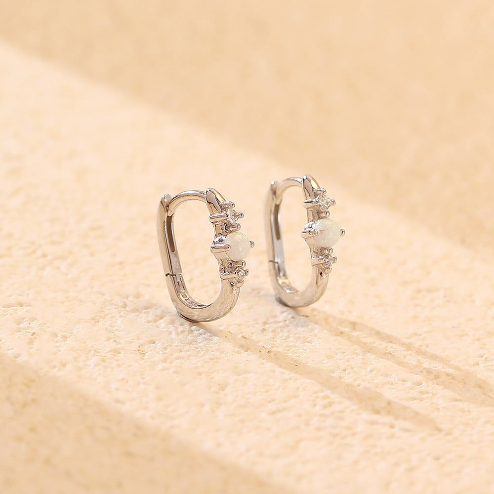 Pendientes de Aro Rectangulares de Plata de Ley 925 con Ópalo, Elegantes y Minimalistas para Mujer