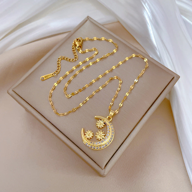 Minimalist Crescent Moon Floral Rhinestone Pendant Necklace for Women Titanium Steel Snake Chain Elegant Clavicle Jewelry