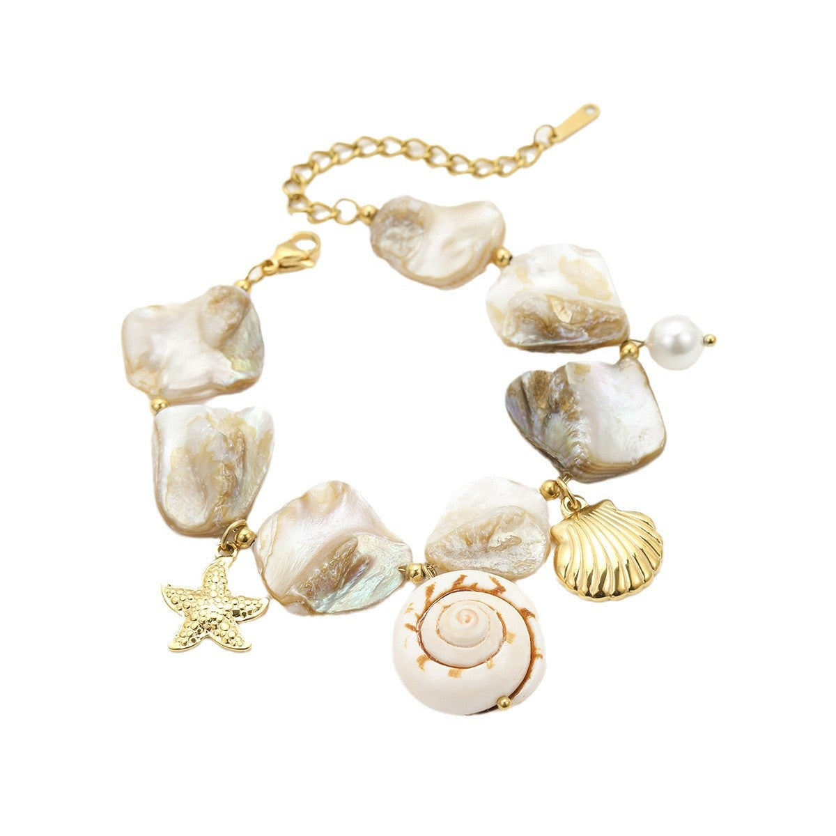 Bracciale da donna stile vacanza con conchiglie e perle in acciaio inossidabile placcato