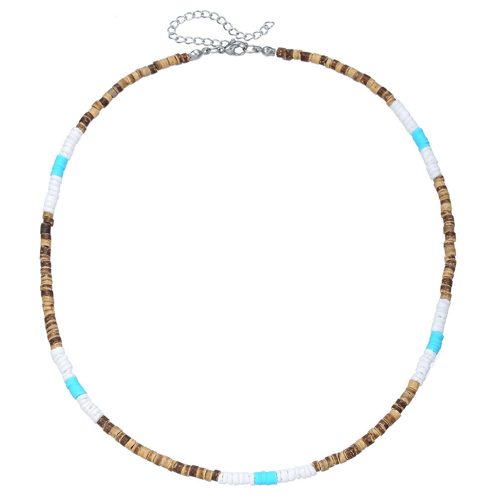Bohemian Vintage Ethnic Punk Hip-hop Geometric Round Wood Bead Stainless Steel Ball Chain Necklace