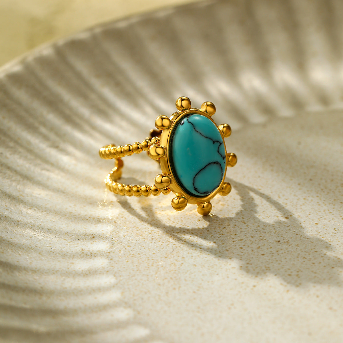 Anello ovale in stile francese vintage in acciaio inossidabile turchese con finitura placcata per donna