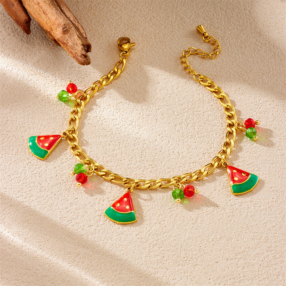 Sweet Red Drip Oil Fruit Series Strawberry Cherry Watermelon Stainless Steel Bracelet