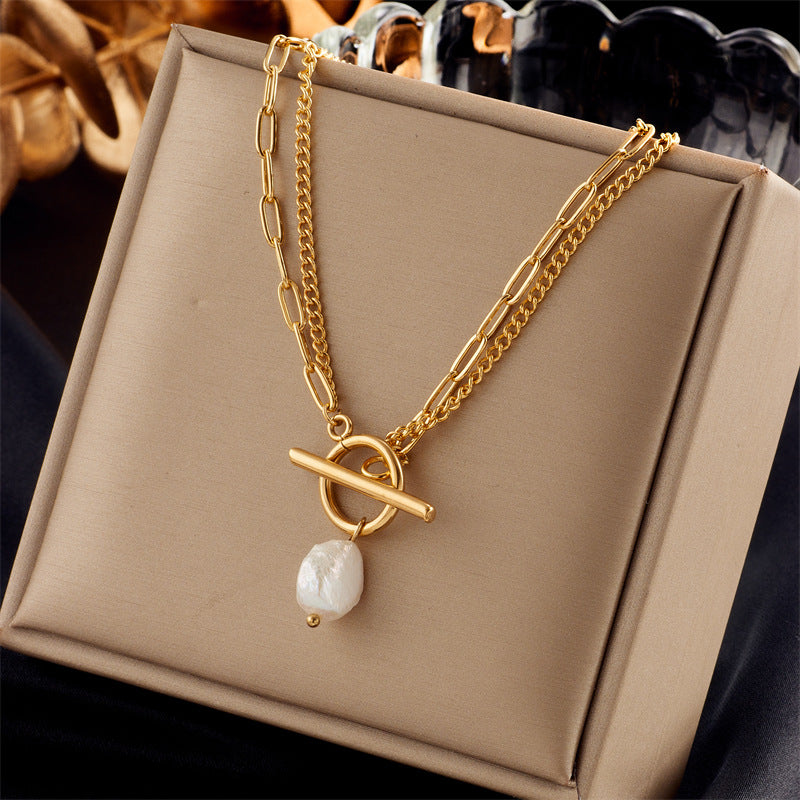 Vintage Luxury Gold Plated Heart Butterfly Round Stainless Steel Necklace with Pearl Multi-Layer