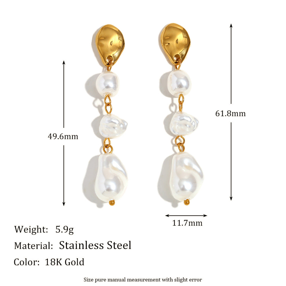 Fashionable OL Style Geometric Stainless Steel Earrings with 18K Gold Plating and Three Simulated Pearl Pendants for Women