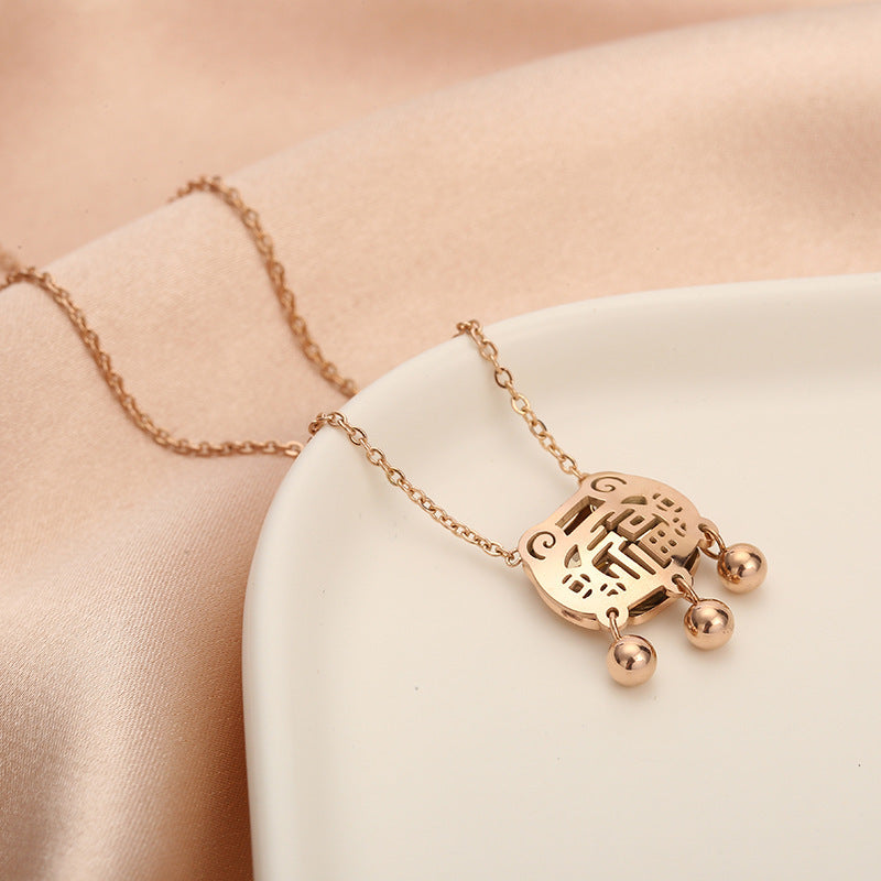 Geometric Longevity Lock Pendant Necklace for Women in Titanium Steel with 18K Rose Gold Plating