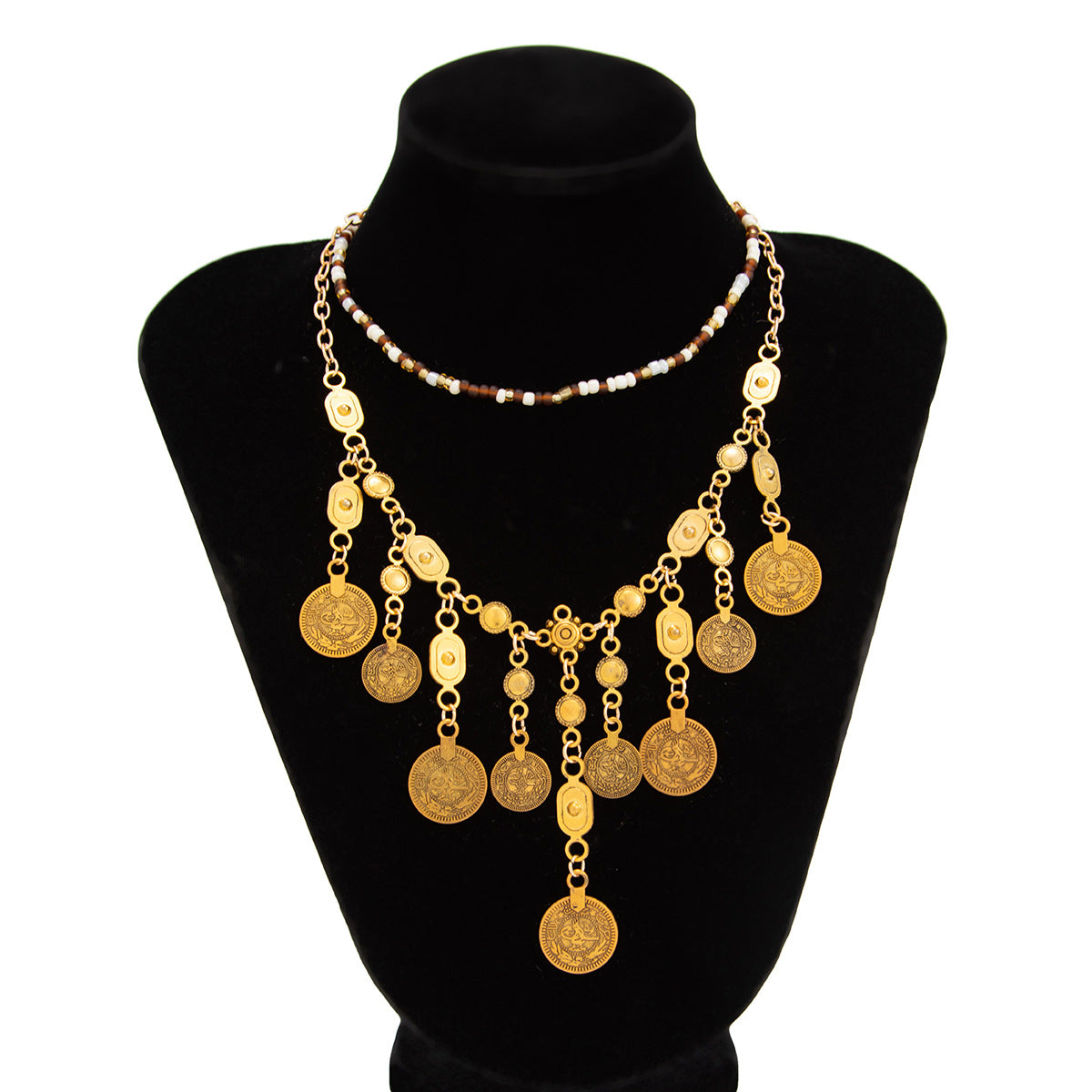 Bohemian Vintage Geometric Round Coin Pendant Plated Alloy Necklace with Beaded Rope Chain Unisex