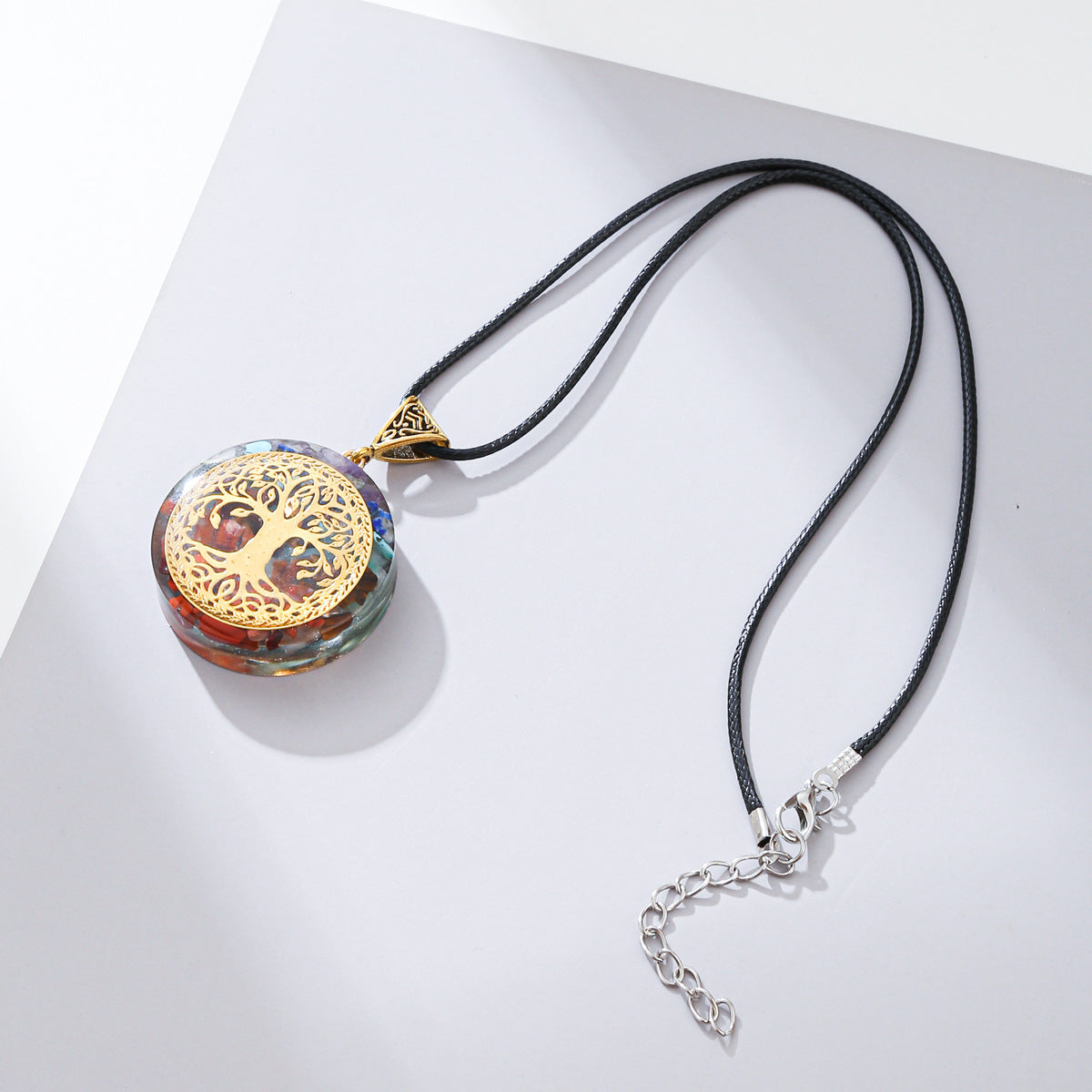 Geometric U-Shaped Resin Pendant Necklace with Colorful Natural Stone Inlay for Unisex Hip-Hop Style