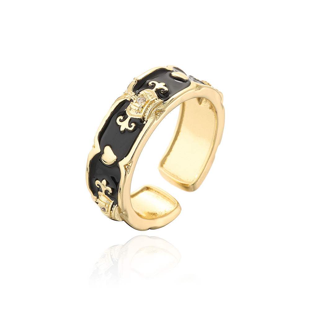 Minimalist Geometric Copper Ring with 18K Gold Plating, Enamel Crown Design and Zircon Inlay for Women
