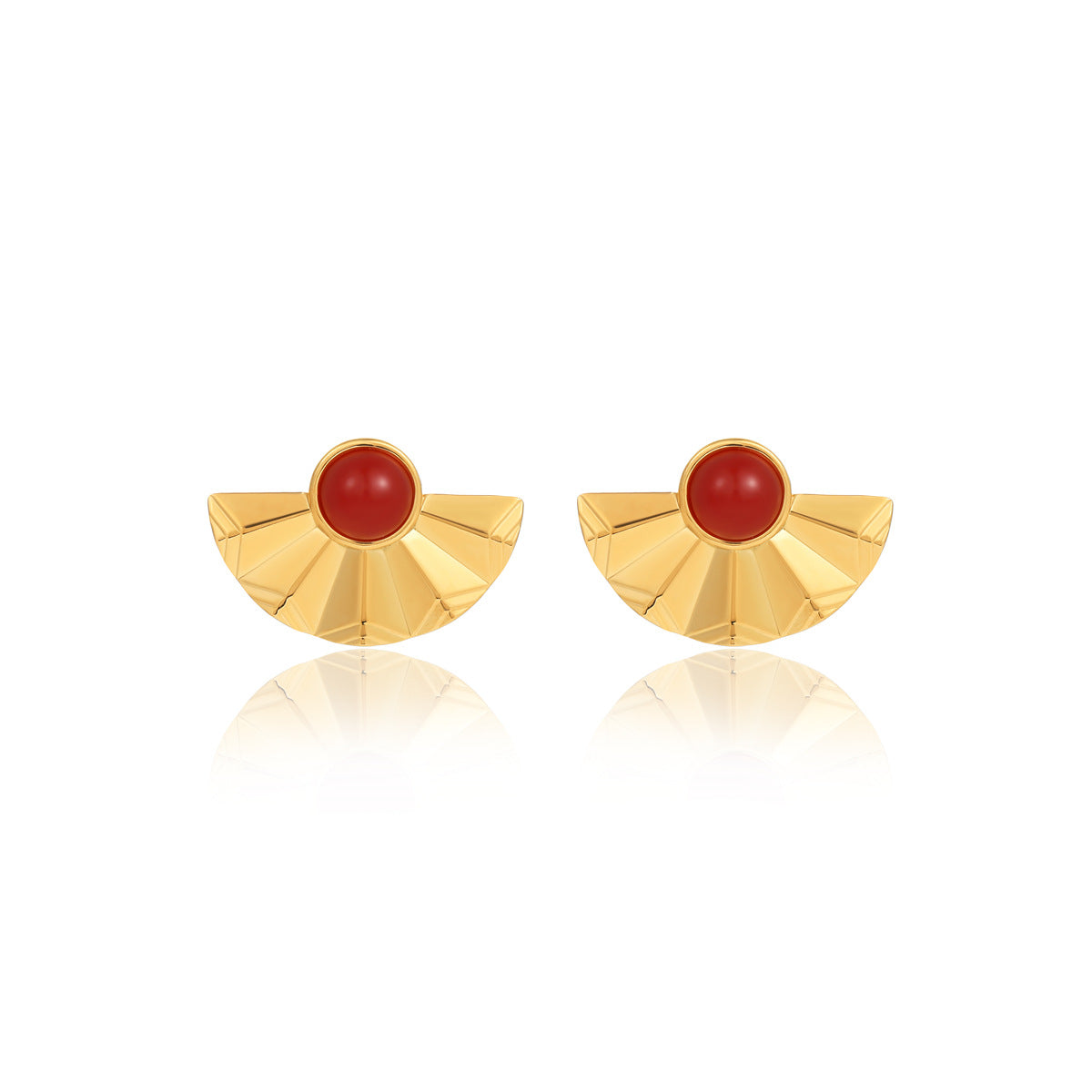 Pendientes de tuerca de acero inoxidable semircirculares con forma de abanico, minimalistas de lujo, con incrustaciones de piedra natural y acabado chapado