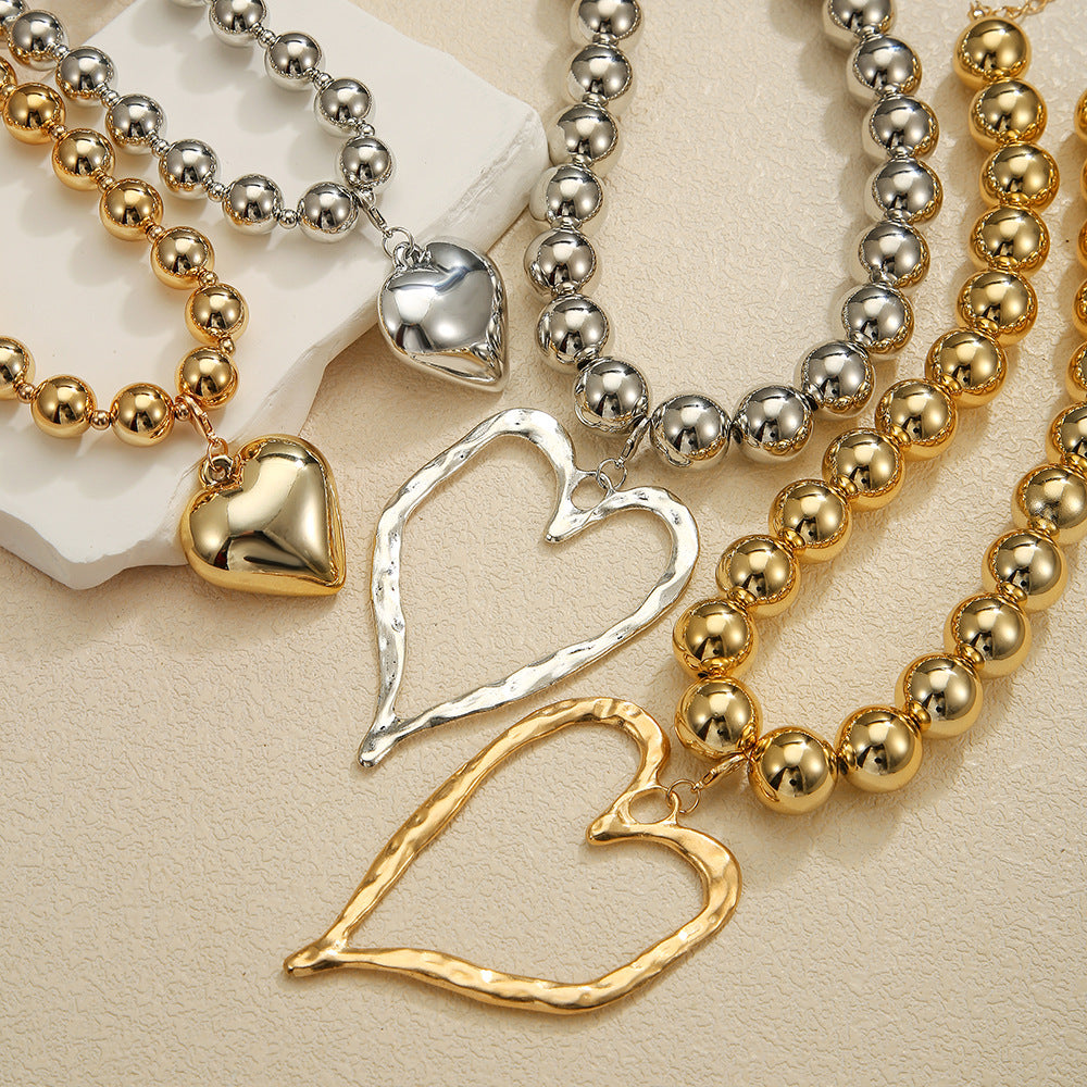 Irregular Geometric Heart Pendant Alloy Beaded Cable Chain Necklace