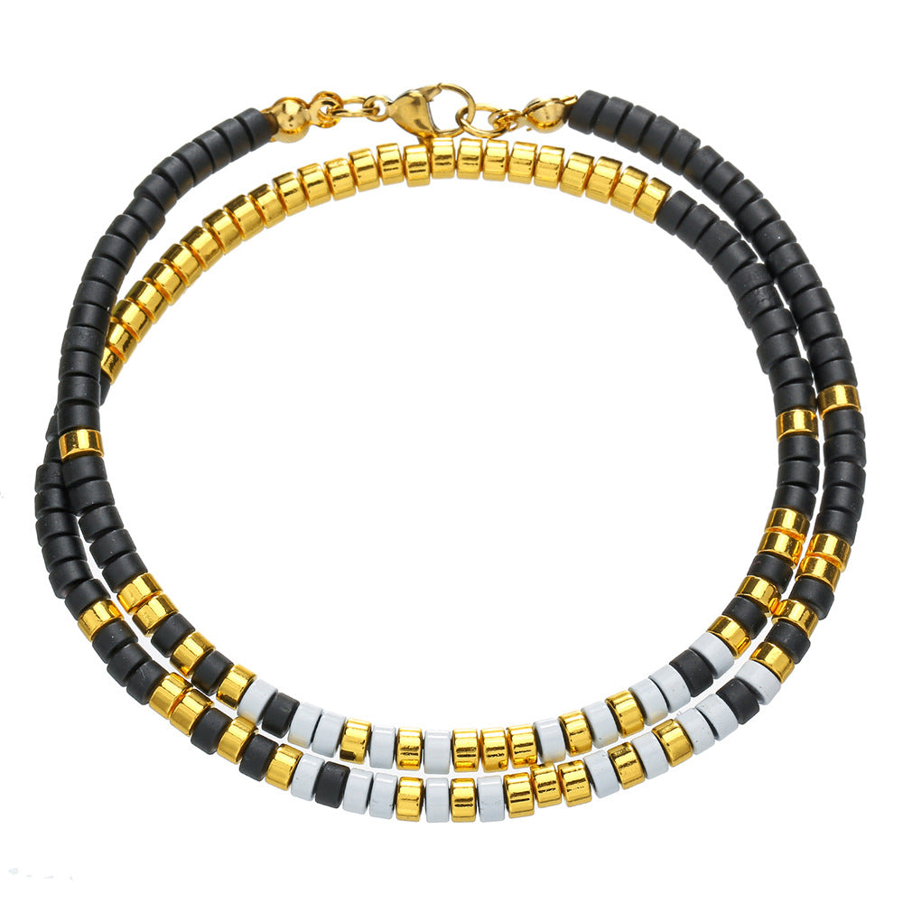 Bohemian Style Geometric Black Obsidian and Stainless Steel Handcrafted Bracelet for Women