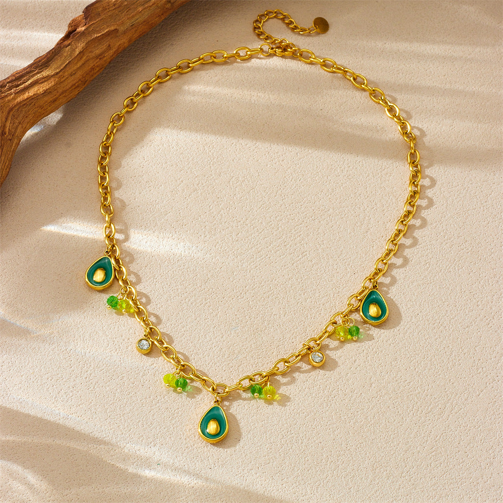 Fashionable Avocado-Shaped Enamel Pendant Necklace in Stainless Steel with Gold Plating on O-Chain for Women