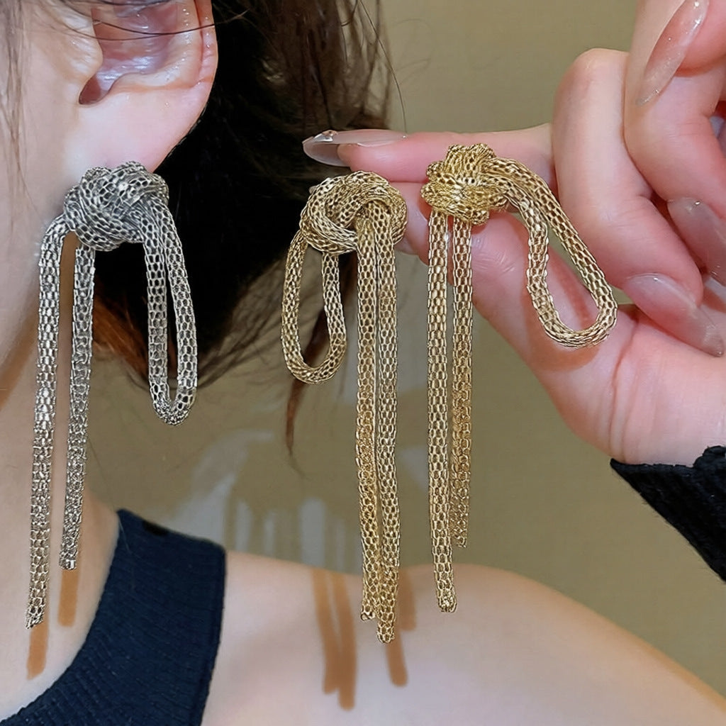 Pendientes colgantes geométricos de estilo vintage con cadena anudada y borla para mujer, hierro galvanizado con postes de acero