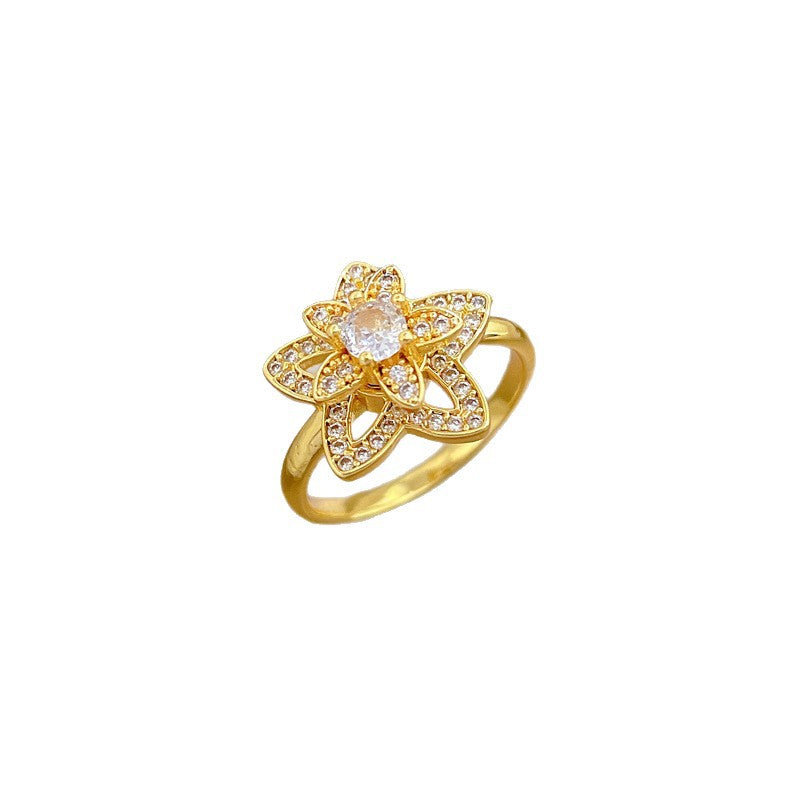 Minimalist Sweet Gold Plated Brass Floral Rotatable Adjustable Ring for Women and Couples